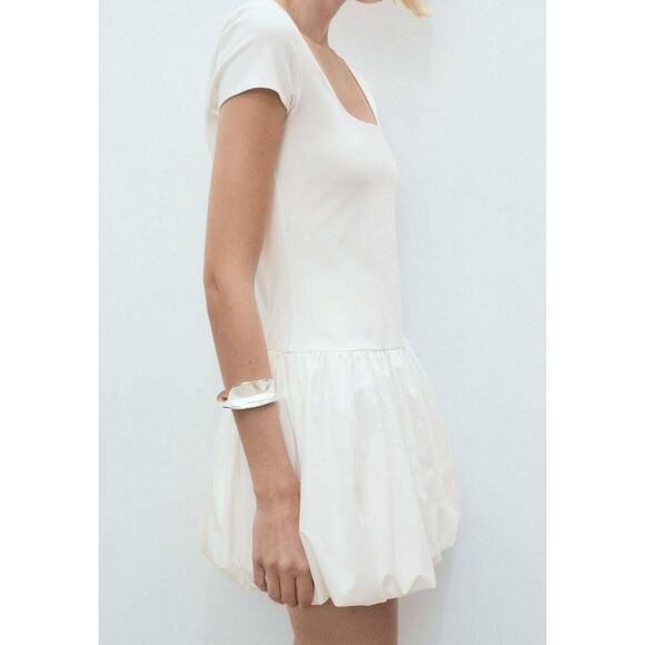 Mango White Bubble Hem Mini Dress Size Small Square Neck Stretch - Picture 8 of 14